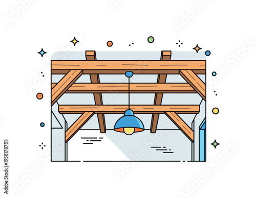 Exposed beams interior centered on a ceiling with visible wooden rafters and a simple hanging pendant light, expressing architectural character and rustic