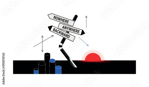 Black and white signpost bent at unnatural angle with arrows labeled abstractly, bold red semicircle low on horizon like alert beacon, thin upward and downward