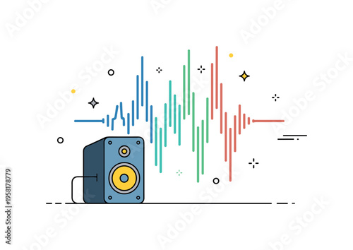 Live music sound dynamics visualized with a small stage speaker and fluctuating sound wave lines capturing the rhythm and energy of a performance. The scene