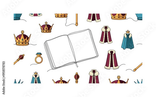 heirloom symbols seamless pattern, crowns, scepters, family crests, ceremonial robes, rings and royal heritage icons arranged in a repeating pattern, white