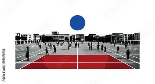 Black and white wide public square with small human silhouettes dispersed across open space, bold cobalt blue circle centered above like civic focal point,