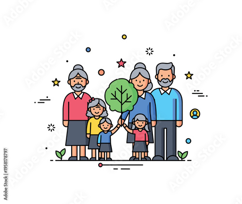 Multi generation family reunion grandparents, parents, and children standing together around a small family tree symbol representing heritage and connection