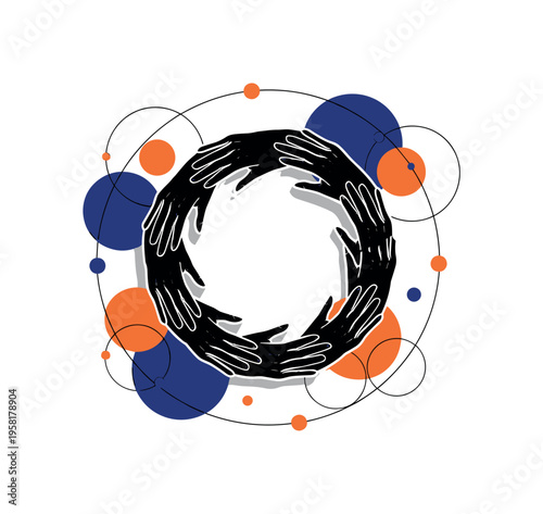 black-and-white human hands forming a circle together as the main object, abstract geometric circles and connecting lines symbolizing community responsibility