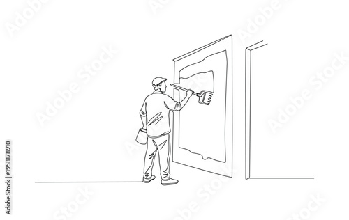 Public Art Painting. Minimalistic one-line drawing person painting mural in public space with large brush strokes, continuous single black line on white