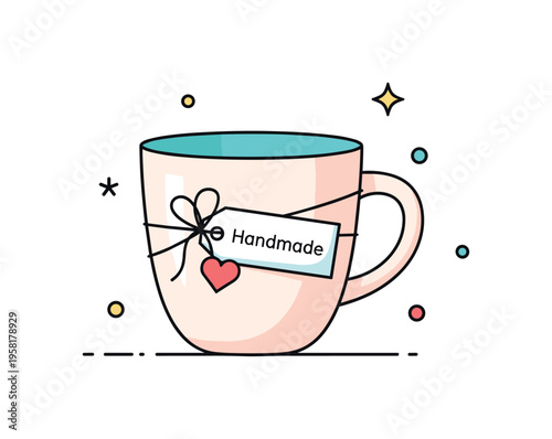 Gifted handmade mug ceramic cup wrapped with a small ribbon tag labeled Handmade and subtle heart accent, symbolizing thoughtful craftsmanship. A gentle