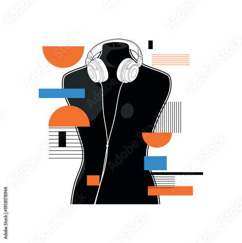 headphones draped over mannequin torso abstract semicircles lines and geometric blocks symbolizing wearable music fashion black and white retro mannequin and