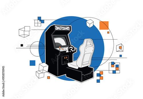 black and white arcade cabinet with pixel character jumping on platforms, bold yellow circle behind the machine symbolizing game spotlight, thin geometric
