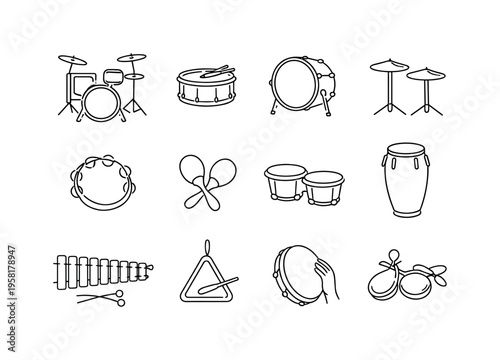 Percussion Instruments Set. Minimalistic set one-line drawing drum kit, snare drum, bass drum, cymbals, tambourine, maracas, bongos, conga drum, xylophone,