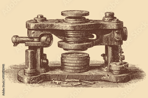 A vector illustration of a massive mechanical vise clamping a large coin.