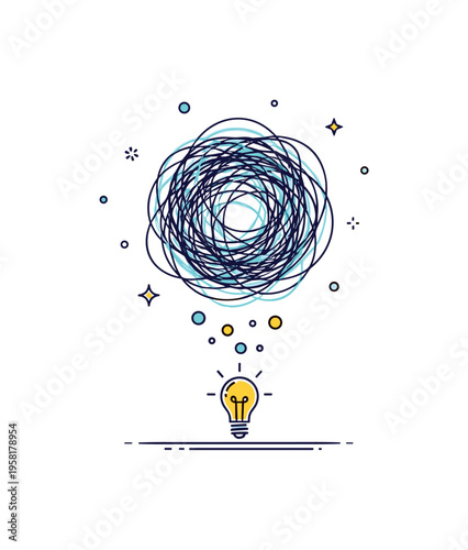 Chaotic scribble icon with a dense circular tangle of lines floating above a small lightbulb symbol. The scene represents complex ideas slowly turning into