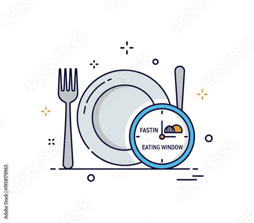 Intermittent fasting routine a simple daily schedule icon with a plate and fork resting beside a small clock showing a fasting window and eating window,