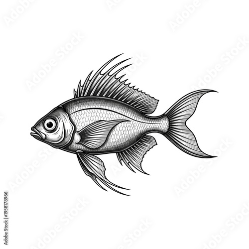 A detailed drawing of a fish with fins