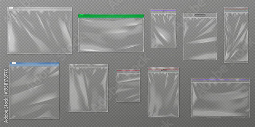 Transparent plastic ziplock bags in various sizes, displayed on a grid pattern background. Ideal for storage and organizing small items, providing a practical solution.