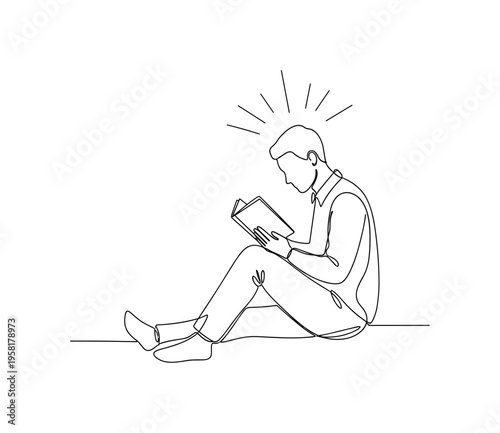 Reading and Reflection. Minimalistic one-line drawing person reading a book with subtle thought lines radiating above symbolizing insight and personal growth,