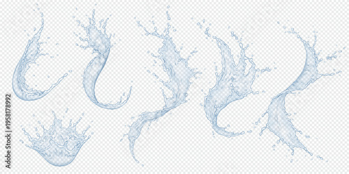 Collection of realistic water splashes with varied shapes on a transparent background perfect for design projects requiring fluid elements and dynamic effects.