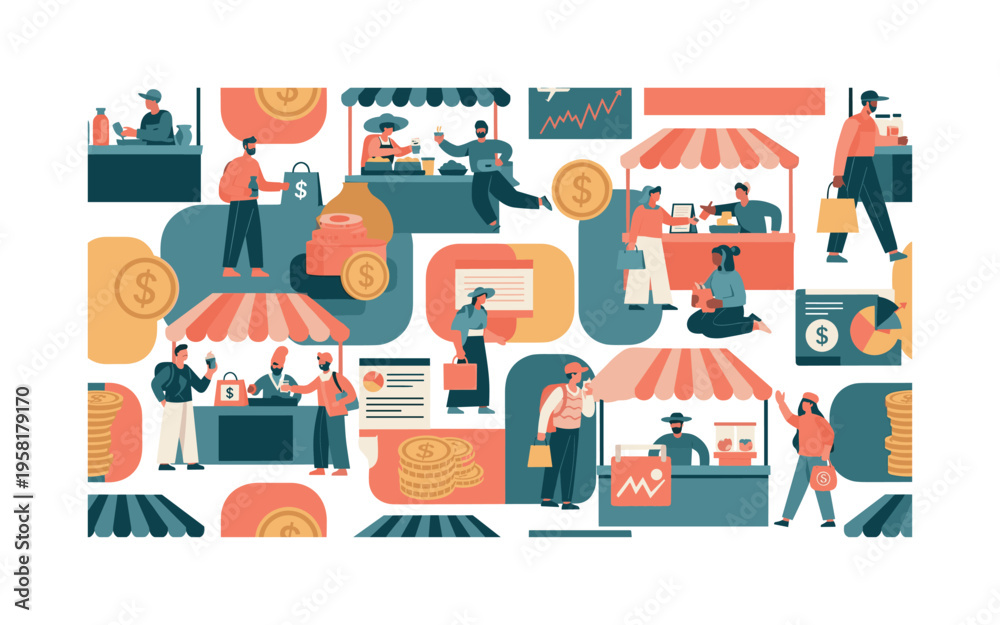 Naklejka premium travel spending and local markets seamless pattern, tourists buying souvenirs food and services with coins shopping bags and charts arranged in a repeating