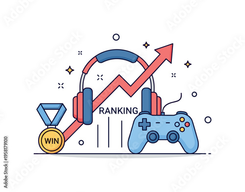 Online competition mindset centered on a gaming headset and controller paired with a rising ranking arrow and a small medal icon marked ?Win?. The scene