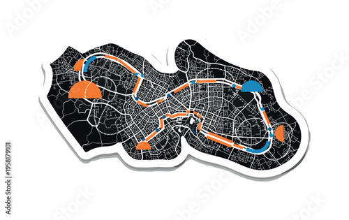 old city map with dotted walking route abstract semicircles lines and geometric blocks symbolizing historical tour path black and white retro map object with