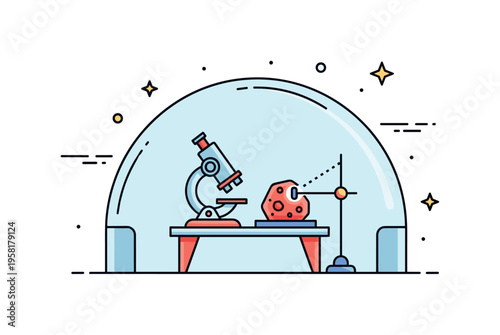 Mars research mission centered on a small microscope icon and a Martian rock sample placed on a compact laboratory table inside a habitat dome. The scene