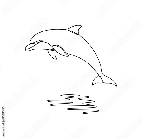 Sunlit Dolphin Jump. Minimalistic one-line drawing dolphin leaping from water with sun reflection suggested, continuous single black line on white background,