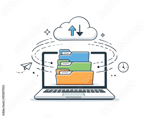 Cloud document organization. A laptop screen with neatly stacked digital folders syncing to a cloud, smooth workflow and reliability. Abstract motion lines