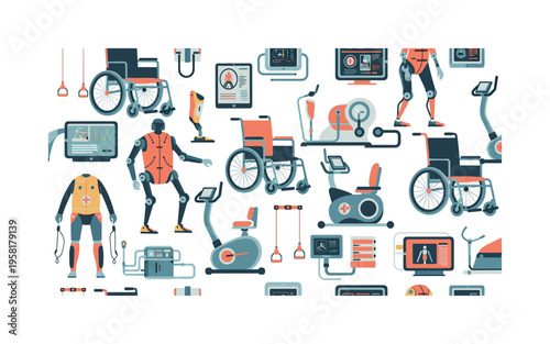 adaptive tech seamless pattern, assistive devices, wheelchairs, exoskeletons, prosthetic limbs, therapy machines, tablets and medical monitors arranged in a