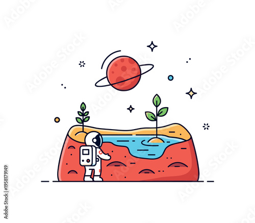 Mars style terraforming idea with a small astronaut observing a planet surface where water and plants begin to appear. The scene reflects hope, exploration and