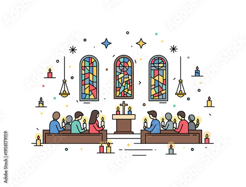 Easter Vigil choir singing during night service with candlelight surrounding them representing worship, community, and celebration of faith. Decorative spark