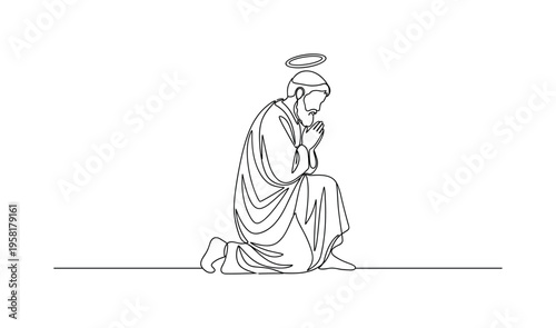 Saint Peter Kneeling. Minimalistic one-line drawing Saint Peter in humble kneeling posture with halo, continuous single black line on white background, simple