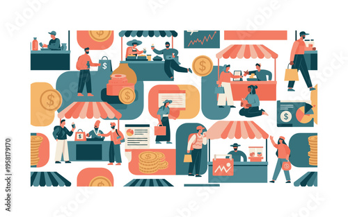 travel spending and local markets seamless pattern, tourists buying souvenirs food and services with coins shopping bags and charts arranged in a repeating