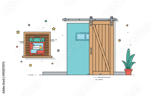 Modern farmhouse barn door interior sliding barn style door used inside a home with metal track hardware and clean wooden panels combining rustic charm with