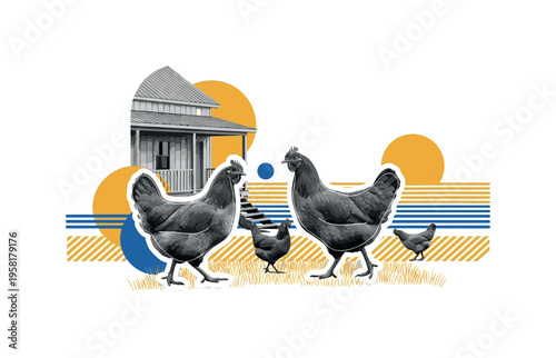 retro style collage of chickens walking near a small farmhouse porch, monochrome realistic animals with white cut-out outline, geometric circles and horizontal