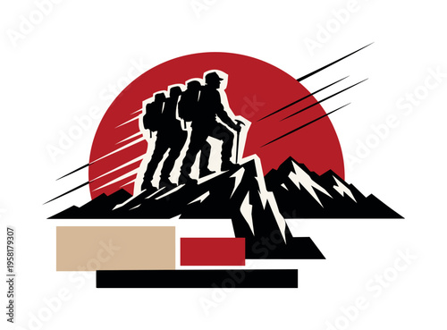 High-contrast black and white climber silhouette standing on a sharp peak edge, duplicated offset silhouette creating dynamic motion echo effect, large deep