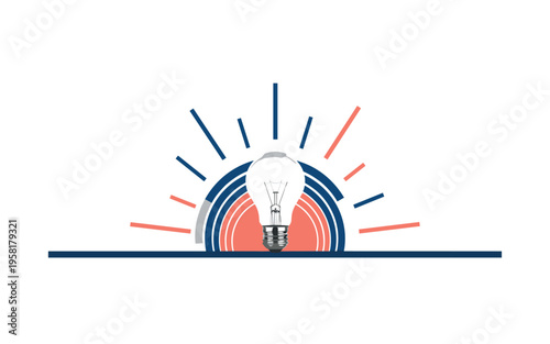 monochrome light bulb transforming into a rising sun above a horizon line symbolizing innovative bright future, layered semicircles and diagonal geometric rays