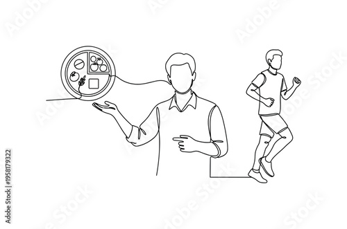 Nutrition and Exercise Guidance. Minimalistic one-line drawing health educator demonstrating balanced diet and physical activity principles, continuous single