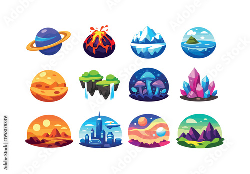 Alien Worlds. Colorful flat vector icons set of Alien Worlds: ringed planet, lava world, ice planet, ocean planet, desert moon, floating islands,