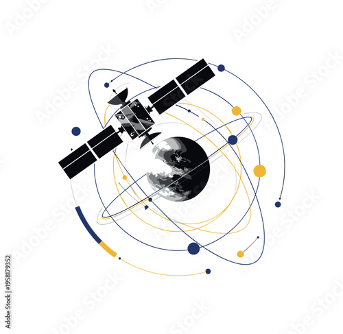 black and white satellite orbiting around a spherical planet, cut-out collage objects with white outline, thin circular orbit rings and geometric arcs showing