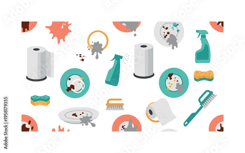 Kitchen cleanup paper towels seamless pattern, paper towel rolls spills plates and simple cleaning icons arranged in a repeating pattern, white background with