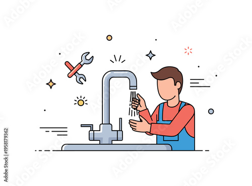 Kitchen faucet replacement showing a person aligning a shiny new faucet over a sink, small tools and motion accents around, conveying DIY home improvement and