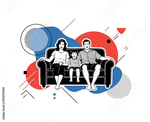 family watching movie on couch abstract circles lines and geometric shapes representing relaxed home bonding black and white retro human silhouettes and couch