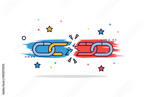 Symbolic resistance artwork broken chain icon transformed into a paint stroke while small stars highlight liberation and defiance. The composition reflects art