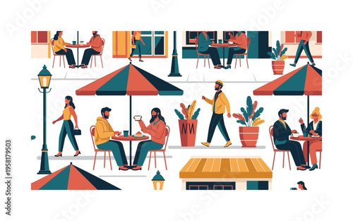 pedestrian cafe street seamless pattern, people sitting at tables, drinking coffee, eating pastries, walking on sidewalks, umbrellas and urban elements