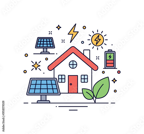 Energy efficient smart home with a house icon surrounded by small symbols of solar energy, battery storage, and a leaf representing sustainability. A balanced