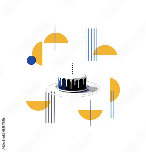 black and white birthday cake with lit candle placed in the center of a large empty space, white contour outline, surrounding abstract semicircles and thin