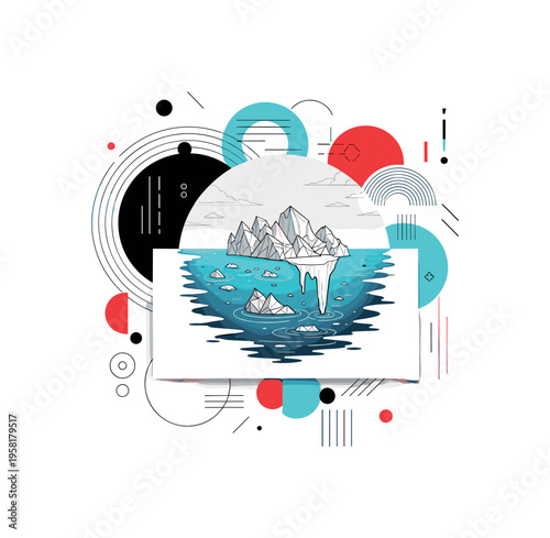 ocean with rising water levels abstract circles lines and geometric shapes representing melting glaciers and climate impact black and white retro water object