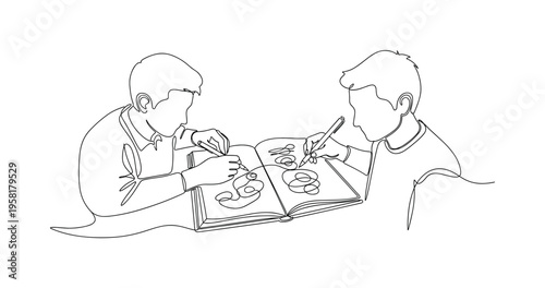 Collaborative Sketching. Minimalistic one-line drawing two artists sharing sketchbook and adding drawings simultaneously, continuous single black line on white