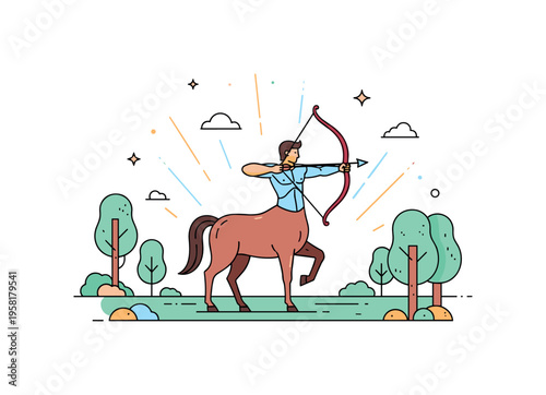 Centaur archer in forest glade powerful centaur drawing a bow while standing in a quiet woodland clearing surrounded by simple trees and soft rays of sunlight.