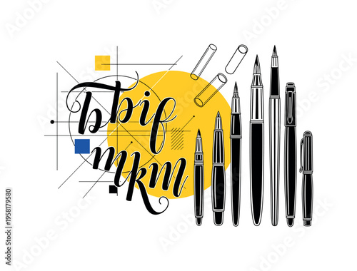 collection of brush pens arranged beside flowing calligraphy letters, black and white retro objects cut out with white outline effect, large yellow circle