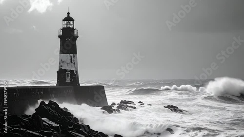 A black and white image showcases a lighthouse on a stone pier being battered by ocean waves during a storm