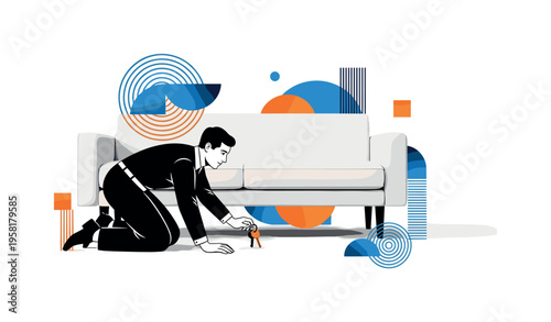 human figure kneeling on floor searching under couch abstract semicircles lines and geometric blocks symbolizing active search for keys black and white retro